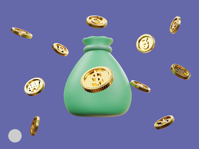 Green money bag with golden coins falling around it on a purple-ish background